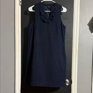 Tommy Hilfiger Navy Textured Ruffle Neck Shift Dress Pockets Size: 8 Length: 34”